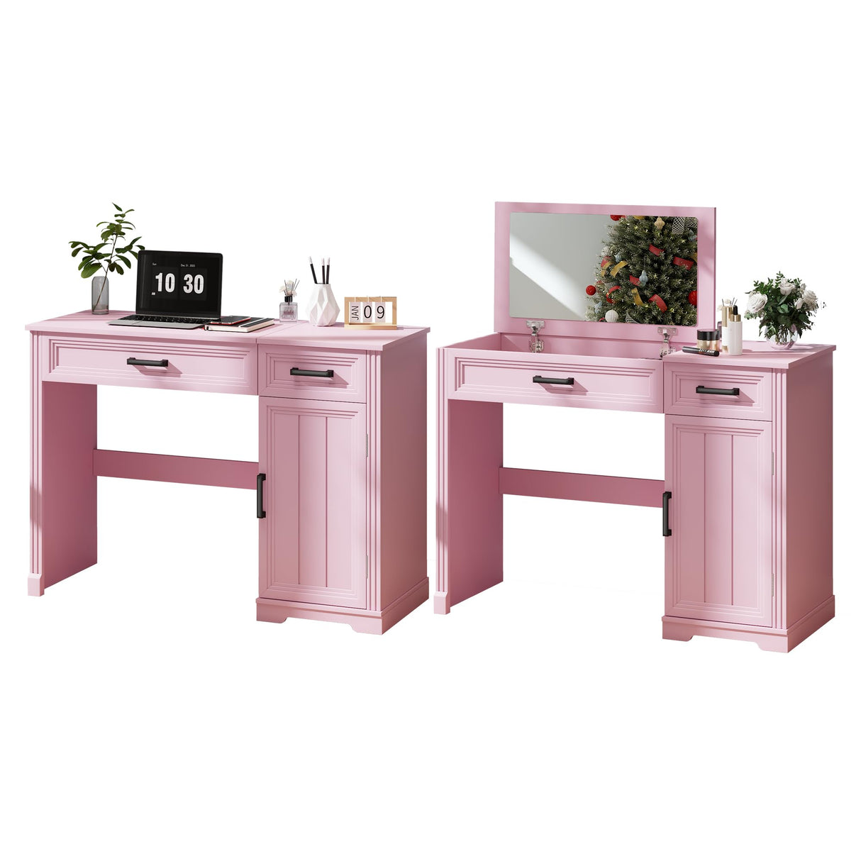 FOMNEY Farmhouse Vanity Desk with Flip Top Mirror, 43.3" W Makeup Vanity with Drawers, Storage Cabinet, Dressing Make Up Vanity Table for Bedroom, Wood Home Office Desk, Pink FOMNEY