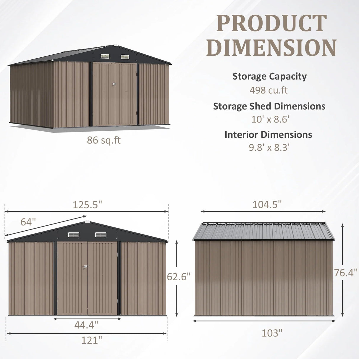 Greesum 10×8 FT Outdoor Storage Shed, Metal Storaged Sheds Without Floor, Tool Sheds with Lockable Doors and Slooping Roof for Garden, Patio, Backyard, Brown Greesum