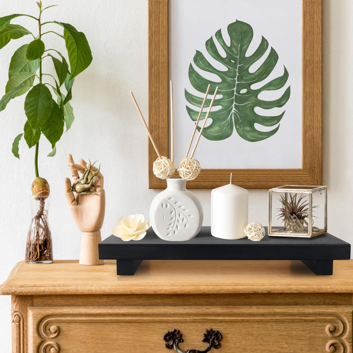 Black Bathroom Counter Tray Organizer Wood Risers Stand Kitchen Sink Tray Dish Soap Dispenser Holder for Countertop Modern Wooden Pedestal Display Farmhouse Bathroom Decor Accessories Vanity Tray Ayiaren