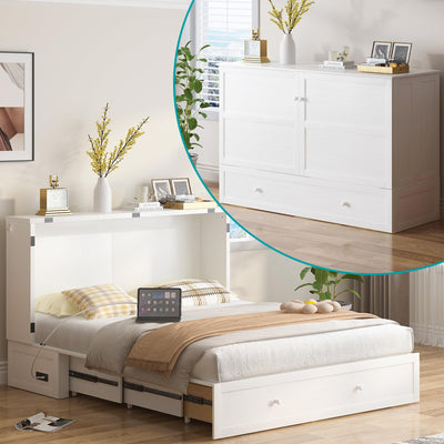 BALUS Murphy Cabinet Bed, Queen Murphy Bed with Tri-fold Mattress, Charging Stations, Wooden Cabinet Chest Beds with 2 Storage Drawers for Bedroom Guest Room - White