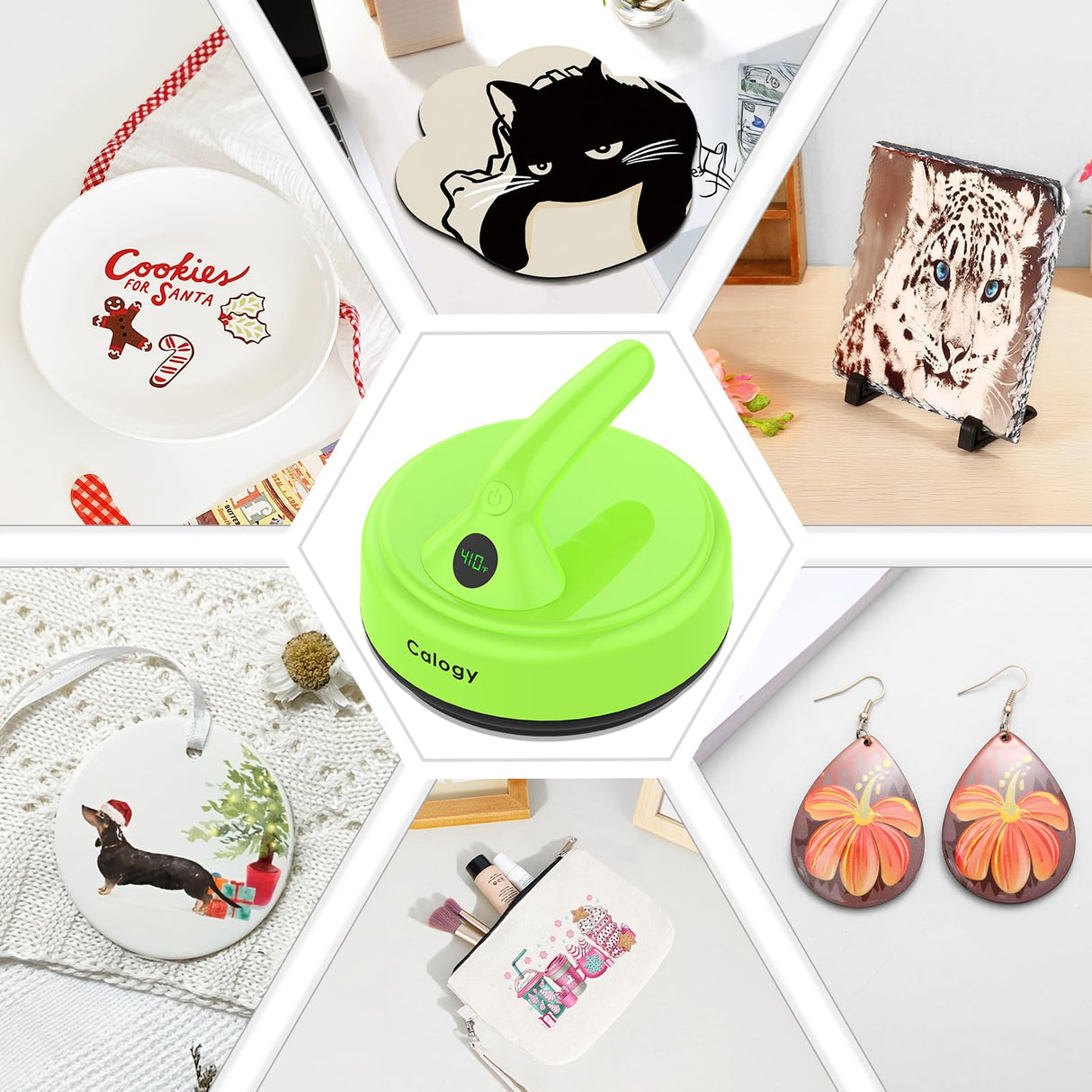 Calogy Mini Heat Press, 5" Diameter Round Heat Press Machine for T-Shirt Portable, 4 Levels Temp Max 410℉, Small Iron for Crafts, Coaster, Bag, Pillow, Ceramic, Sublimation Ink Vinyl Transfer (Green) Calogy