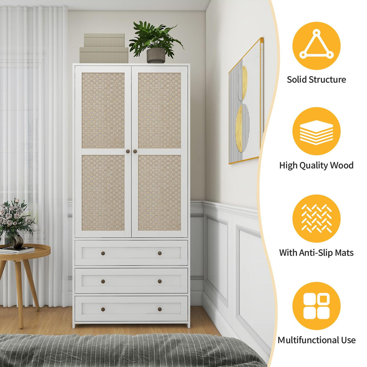 YHAOWORKS Armoire Wardrobe Closet with Drawers - Rattan Clothing Storage Cabinets with 2 Woven Doors, 71" Wood Wardrobe Cabinet with Hanging Rod for Bedroom (White) YHAOWORKS