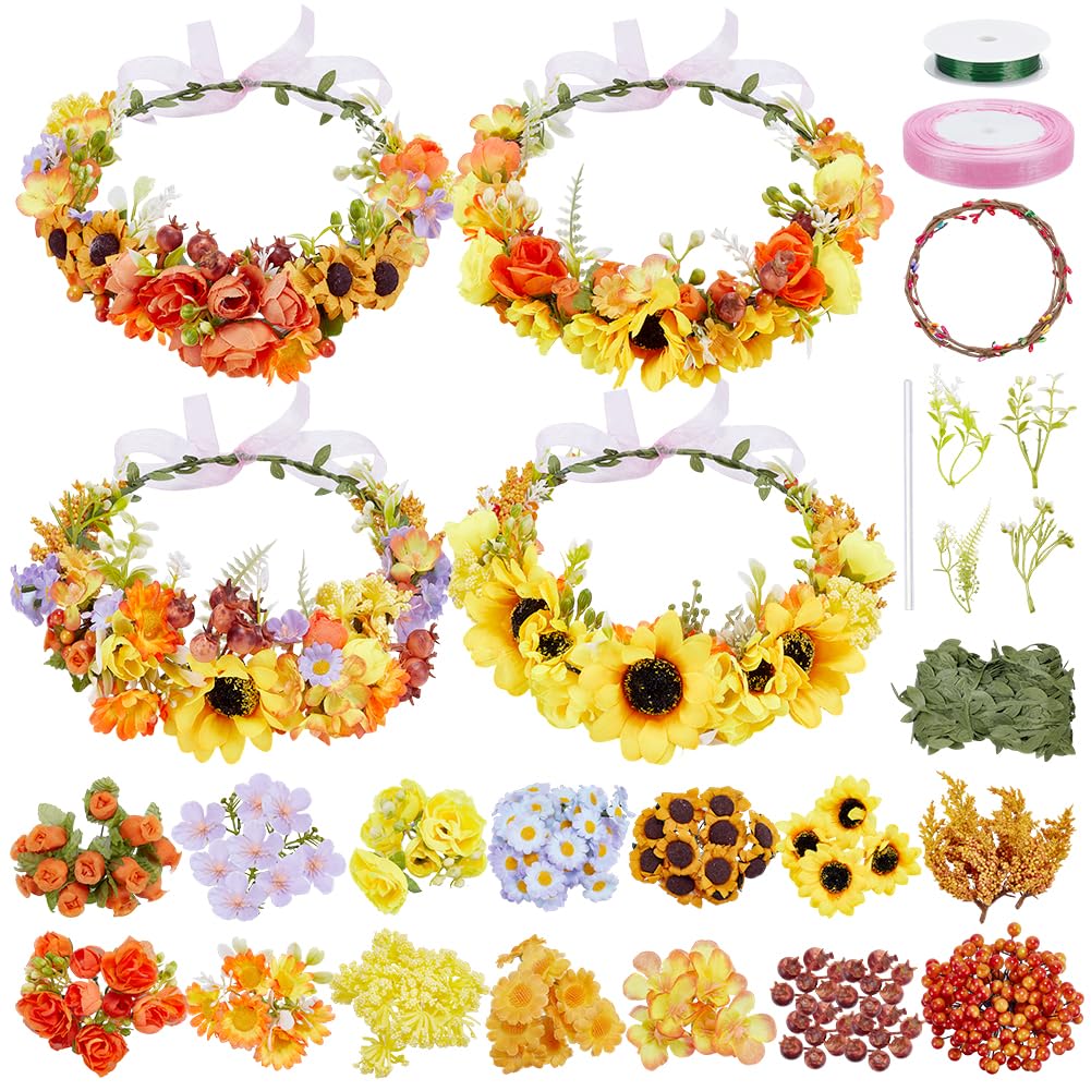 FREEBLOSS 90+ Floral Crown DIY Kit Flower Crowns Making Kit DIY Floral Crown Garland Kit Hair Accessories Handmade Make Your Own Flower Wreath Crown Spring and Autumn Floral Crown FREEBLOSS