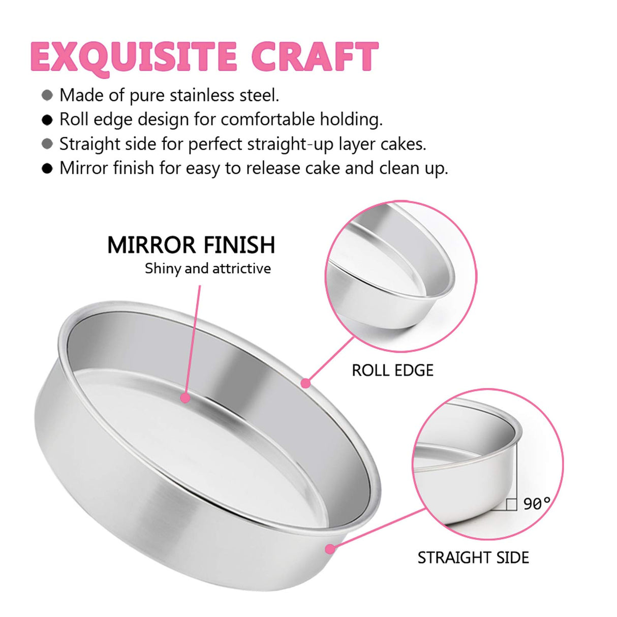 E-far 6 Inch Cake Pan Set of 3, Stainless Steel Round Smash Cake Baking Pans Tins, Non-Toxic & Healthy, Mirror Finish & Dishwasher Safe E-far