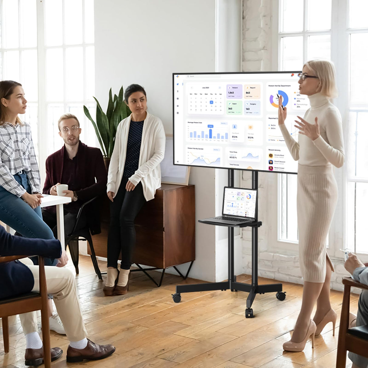 YOMT Mobile TV Stand for 32-75 inch TVs - Height Adjustable Rolling TV Stand, 88lbs Capacity, 2-inch Caster Wheels Portable TV Stand with Removable Storage Shelf YOMT