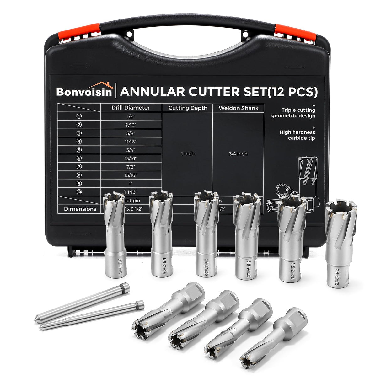 Bonvoisin Annular Cutter Set 12 PCS Carbide Tips Mag Drill Bits Kit 1/2" to 1-1/16" Cutting Diameter 3/4" Weldon Shank with 2 Pilot Pins for Mag Drill Press Cutting Bonvoisin