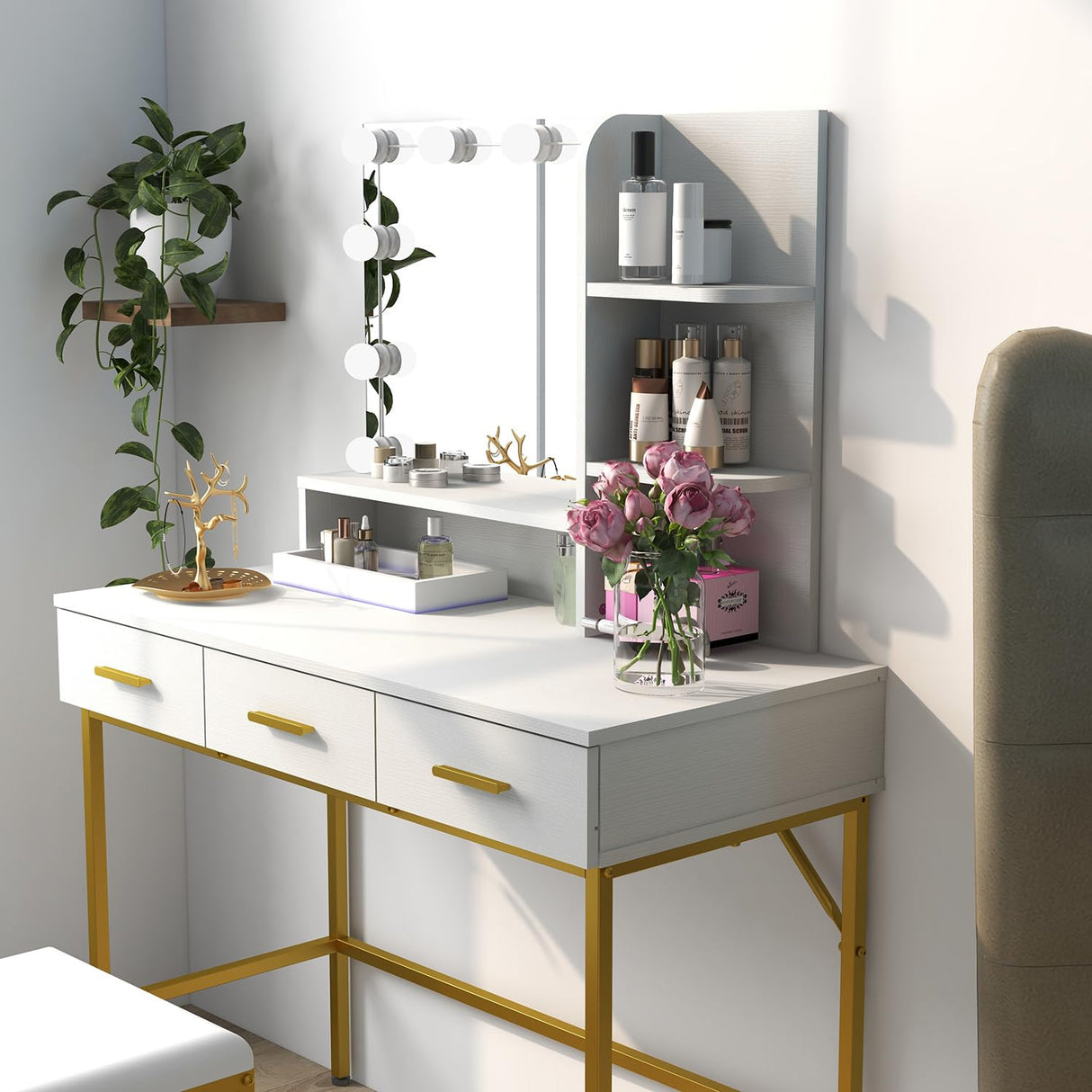 Vanity Table with Lighted Mirror, 3 Drawers Makeup Desk Dressing Table with Lots Storage Vanity Set with Wider Cushioned Stool for Bedroom (White) Panana