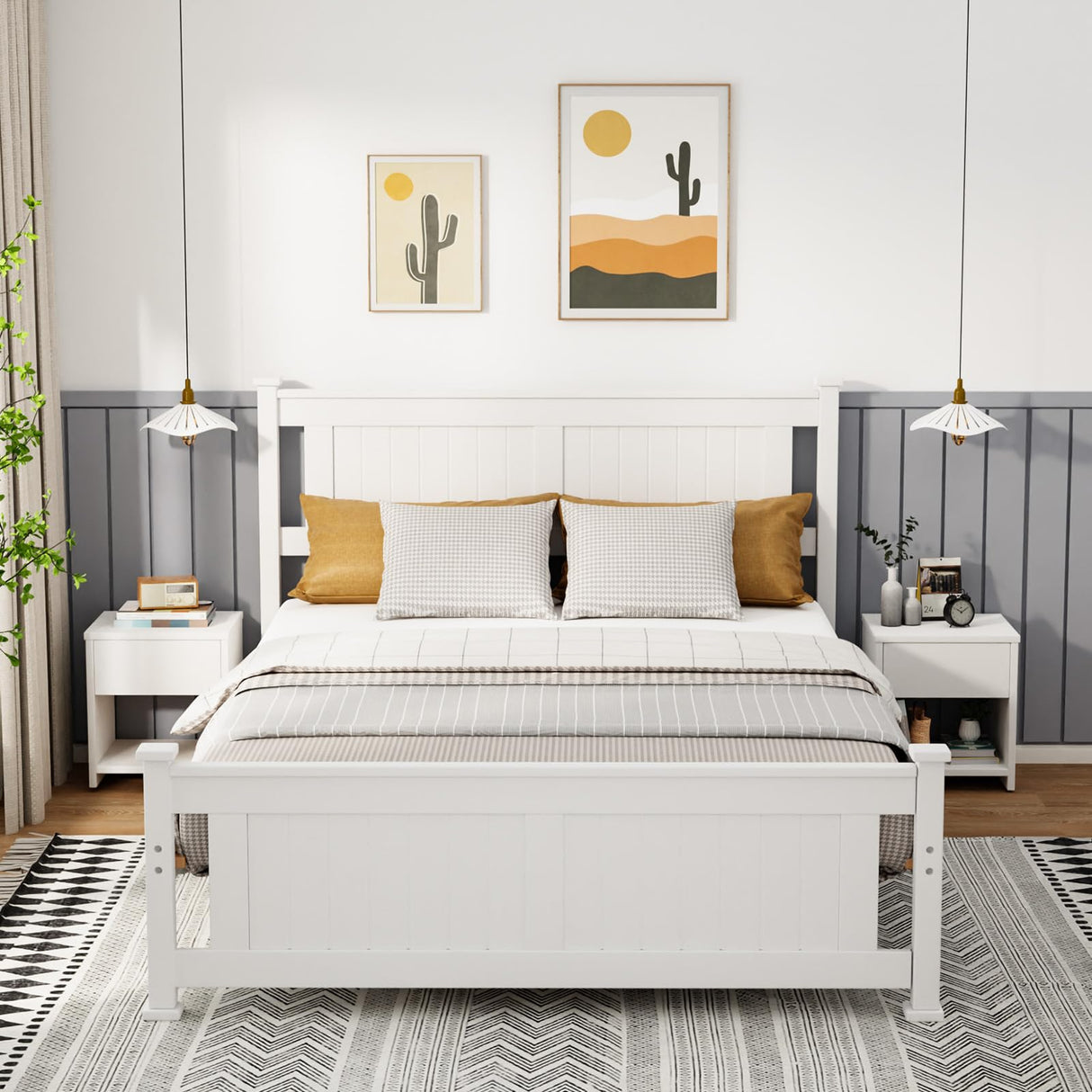 VINGLI Full Bed Frame with Headboard Wood Double Platform Panel Bed, No Box Spring Needed,White VINGLI