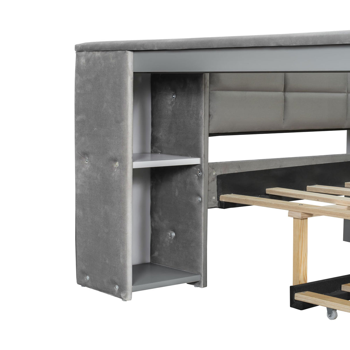 Bellemave Full Corner Bed Frame with Trundle and Storage Shelves and Desk, Wood Full Size Upholstered Daybed with Trundle and Charging Station, Gray Bellemave