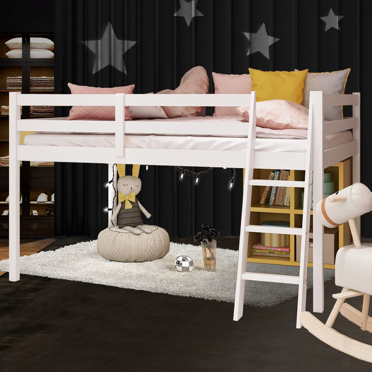 Bonnlo Low Loft Bed Full Size with Inclined Stairs, Junior Loft Bed with High Guard Rail for Kids/Young Teens/Adults, Solid Wood Low Bunk Bed Full Size White, 2 Center Beams, No Box Spring Required Bonnlo