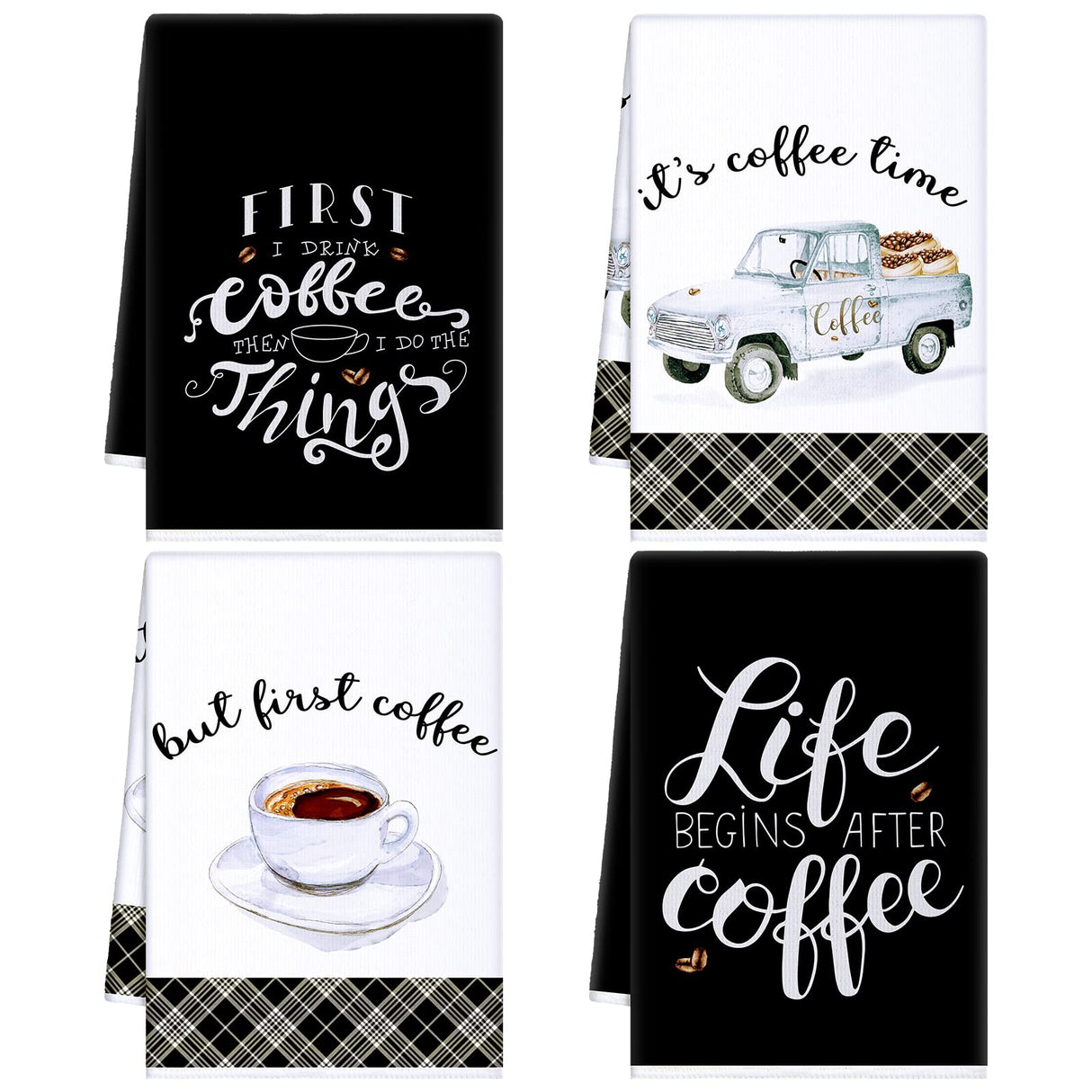 Ferraycle 4 Pieces Kitchen Towels, Coffee Kitchen Hand Towels, Dish Towels, Absorbent Decorative Dish Cloths, for Farmhouse Housewarming (Mainly Black,Truck Style) Ferraycle