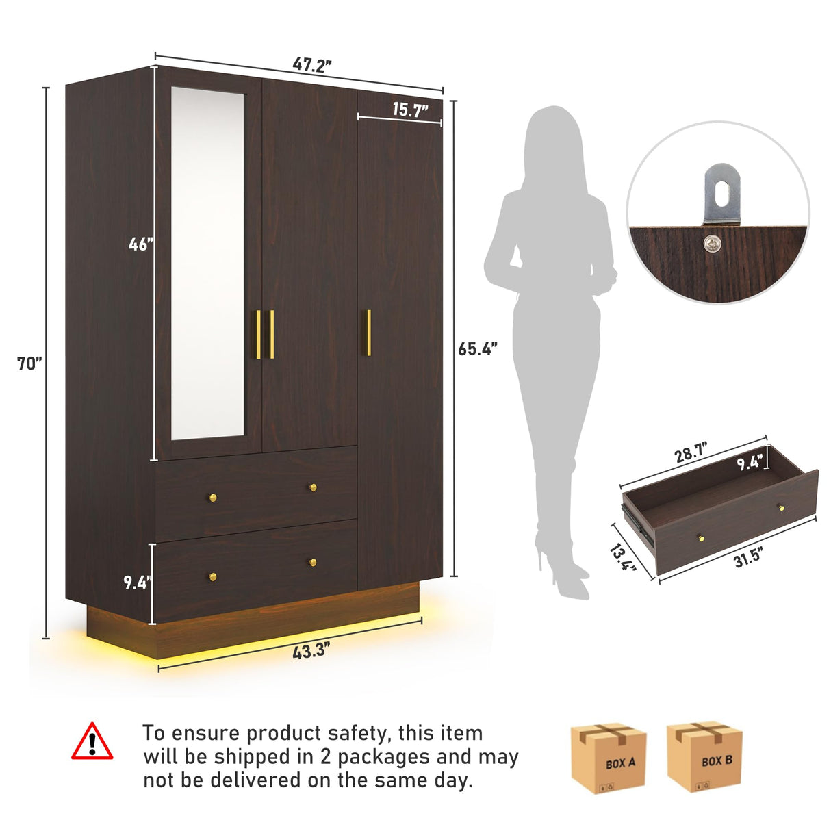 3 Doors Armoire Wardrobe Closet with Mirror, LED Armoire with Doors and Drawers, Wooden Armoire Storage Cabinet with Hanging Rod, Adjustable Shelves, Brown chartustriable