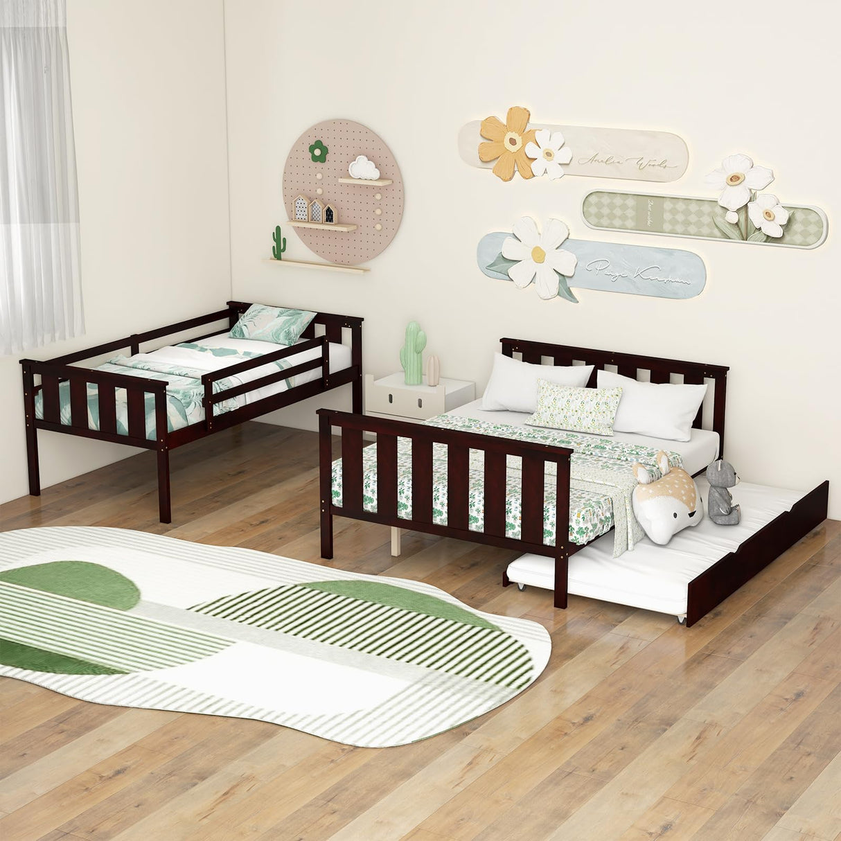 KOMFOTT Espresso Wood Twin Over Full Bunk Bed with Trundle, 250/400 lbs Capacity, Solid Pine Frame, Convertible to 2 Separate Beds, No Box Spring Needed KOMFOTT