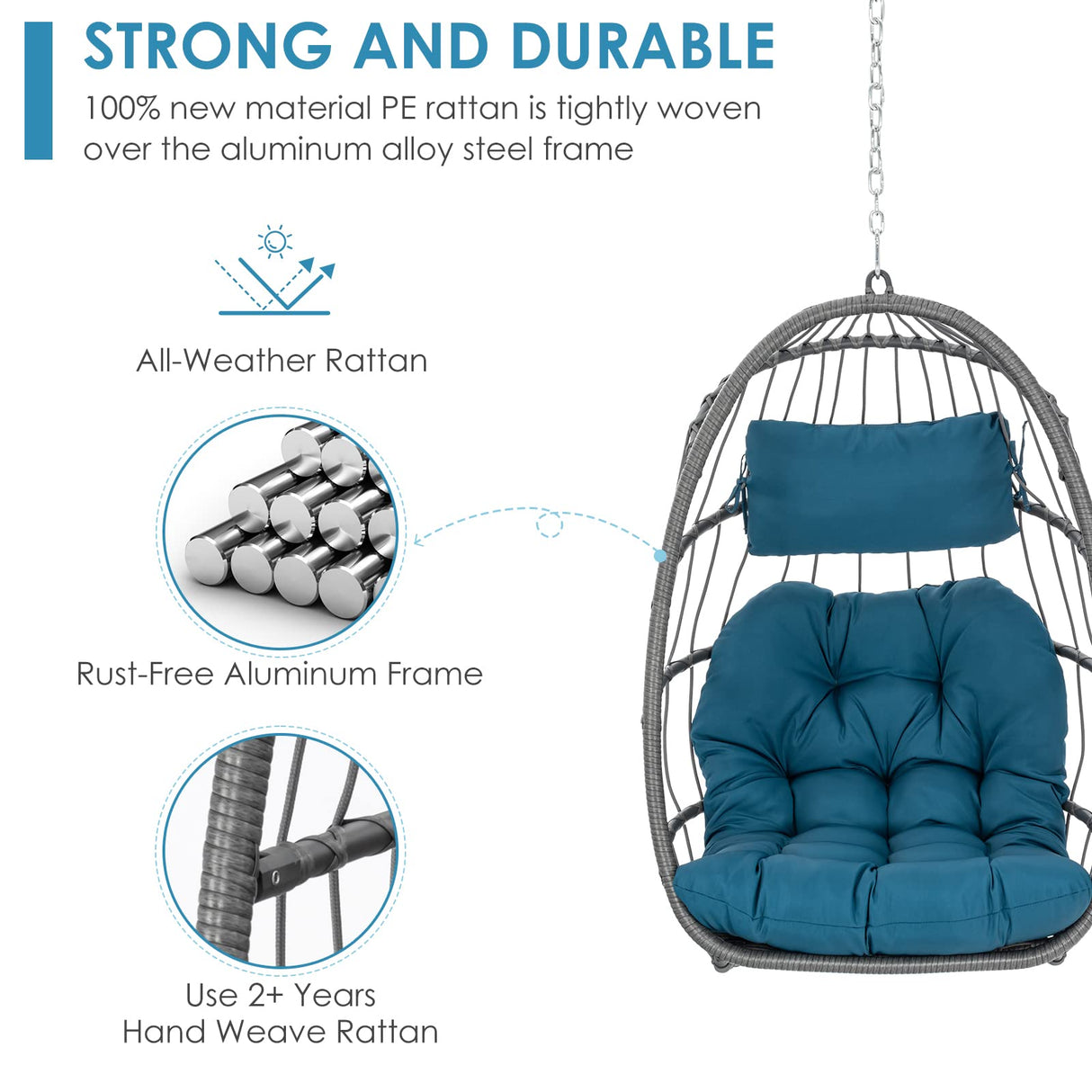 Brafab Egg Swing Chair Without Stand Outdoor Indoor, Foldable Swing Chair Hanging Egg Chairs, Aluminum Frame and UV Resistant Cushion Hammock Chair for Bedroom Patio Porch (Without Stand) Brafab