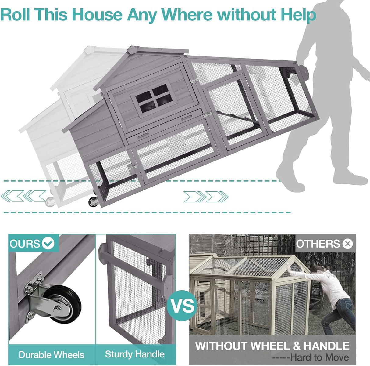 Chicken Coop for 4 Chickens, Mobile Chicken House with with Wheels, Outdoor Hen House Poultry Cage with Nesting Box, Leakproof Pull Out Tray and UV-Resistant Roof (67.3" L x 29" W x 39.4" H) Suumerpety