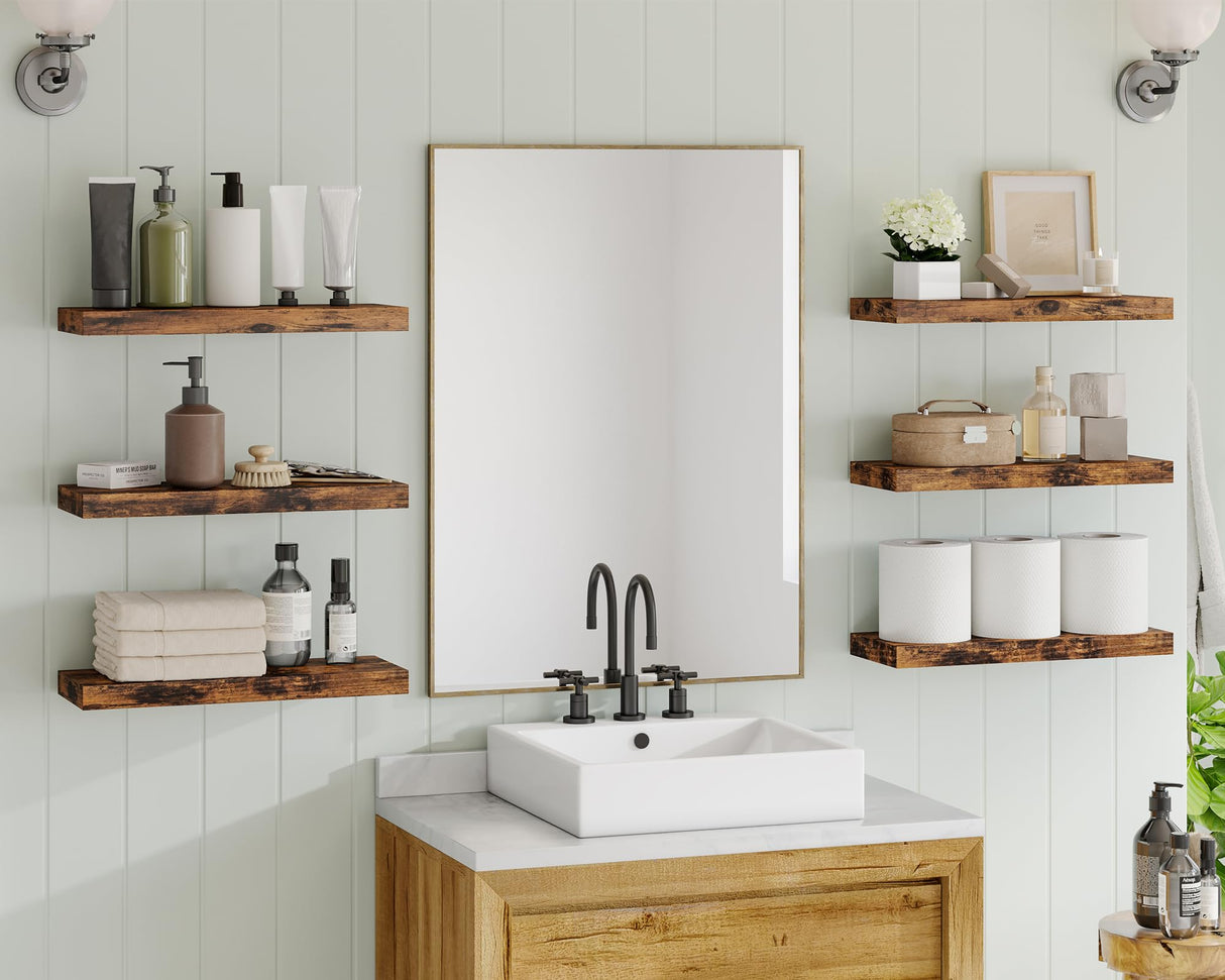 Fixwal 15.8in Floating Shelves, Set of 6 Wood Shelves, Farmhouse Shelf Wall Decor for Bathroom, Bedroom, Living and Kitchen Room (Rustic Brown) Fixwal