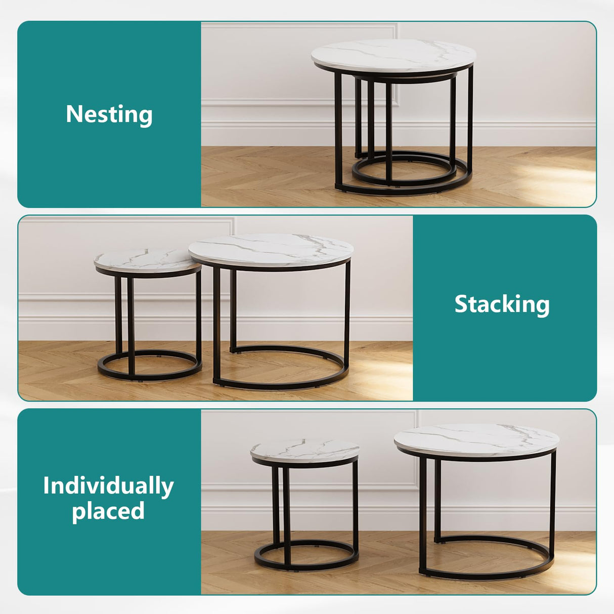 Smuxee White Nesting Coffee Table Set of 2, 23.6" Round Coffee Table Wood Grain Top with Adjustable Non-Slip Feet, Industrial End Table Side Tables for Living Room Bedroom Balcony Yard Smuxee