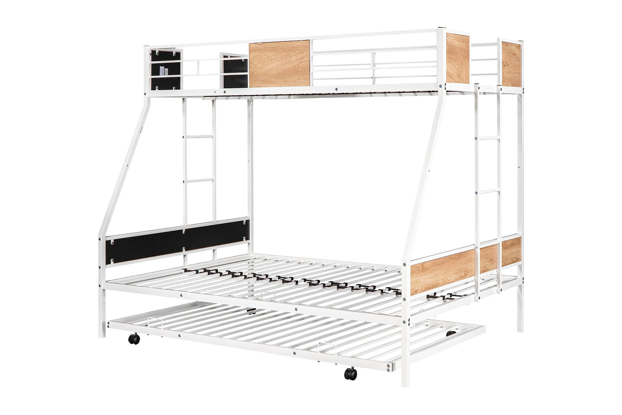 YOPTO Twin Over Full Bunk Bed with Trundle,Heavy-Duty Sturdy Metal,Noise Reduced,Safety Guardrail,Wooden Decoration,Convenient-Trundle,Bunk-Bed for Three,CPC Certified,No Box Spring Needed,White YOPTO