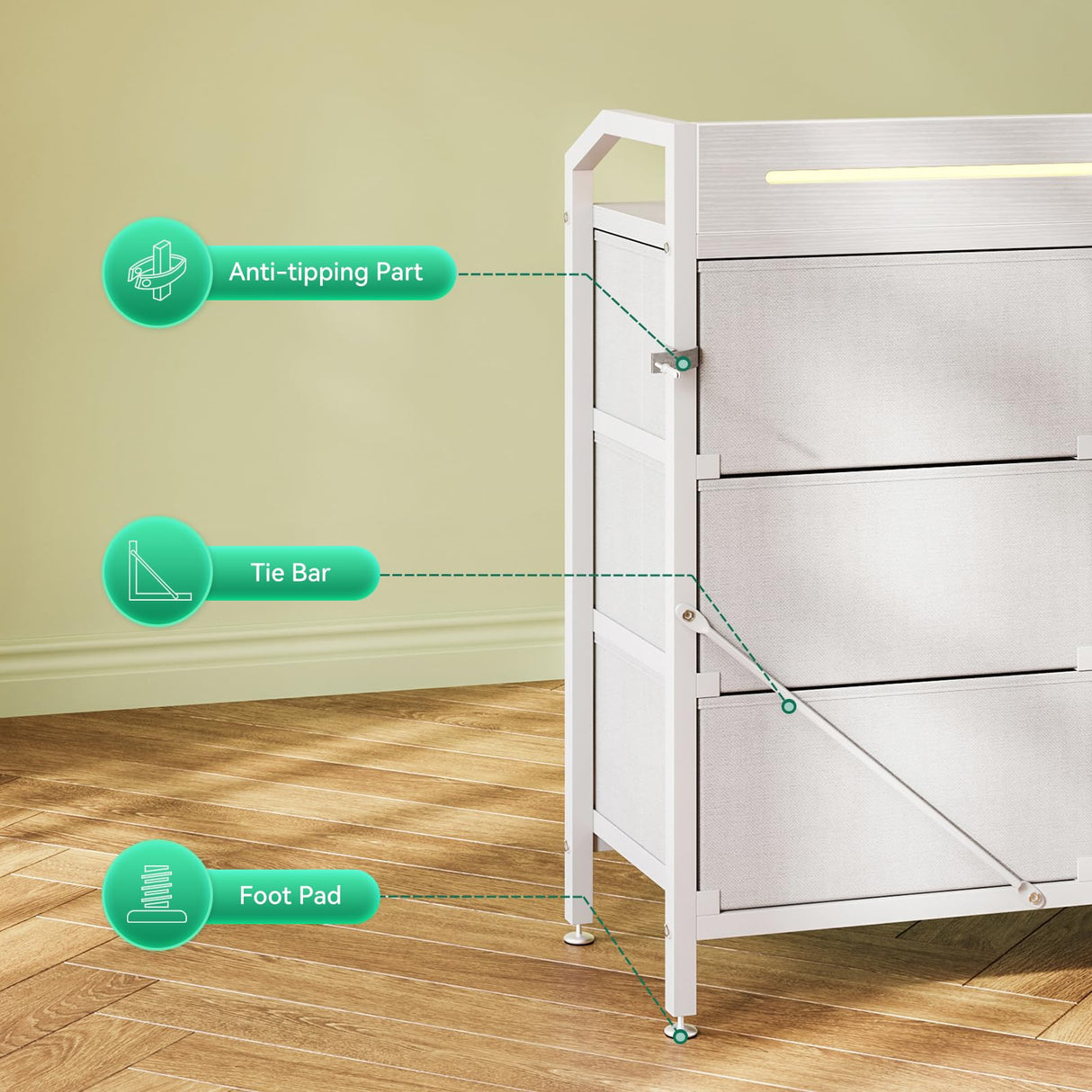 KKL White Dresser for Bedroom with Light Strip & Power Outlet — 8 Drawers Dressers & Chest of Drawers with Shelf, Wood Top, Metal Frame, Wide Dressers for Girls Bedroom, Living Room, Hallway, Closet KKL