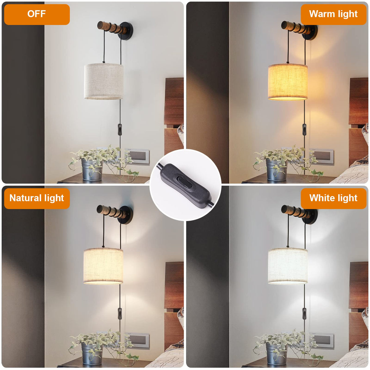 XSDeTu Wall Sconces Set of Two, Plug in Sconces Wall Lighting with Fabric Shade, Farmhouse Wall Lamps with Plug in Cord, Rustic Wall Lights with Wood Arm and On/Off Switch for Bedroom, Living Room XSDeTu