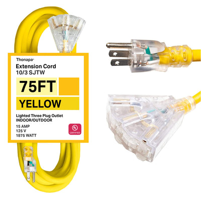 THONAPA 10 Gauge Outdoor Extension Cord 75 ft with 3 Outlets - Weatherproof Heavy Duty Extension Cord with Multiple Outlets 75 Foot, 10/3 SJTW Yellow Cable with 3 Prong Grounded Plug, 15 Amp