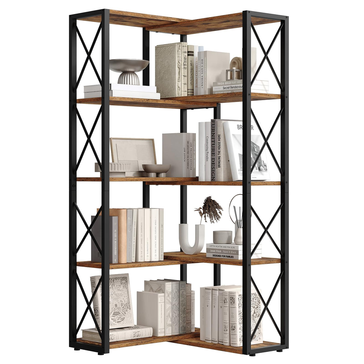 HOOBRO Corner Bookshelf, 5-Tier Industrial Corner Bookcase, Open Display Storage Rack, Vertical or L-Shaped, for Office, Living Room, Bedroom, Rustic Brown and Black BF66SJ01 HOOBRO