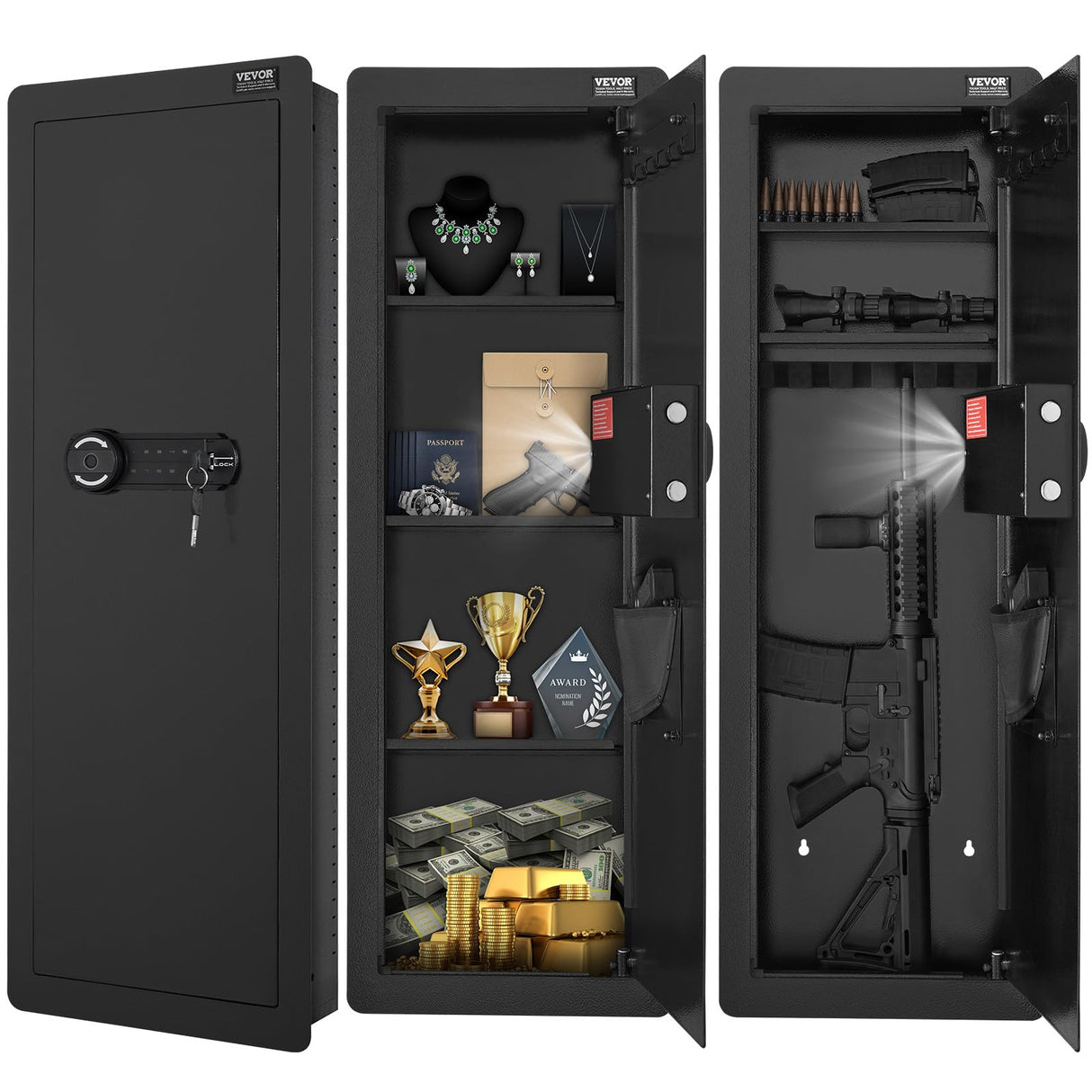 VEVOR 42.91" Tall Wall Gun Safe, 4-Tier Hidden Gun Safe with Keypad & Fingerprint, 3 Removable Shelves & 6 Key Holders, Q235 Cold-Rolled Steel Gun Safe with LED Light, Vibration Alarm, Holster & Stock VEVOR