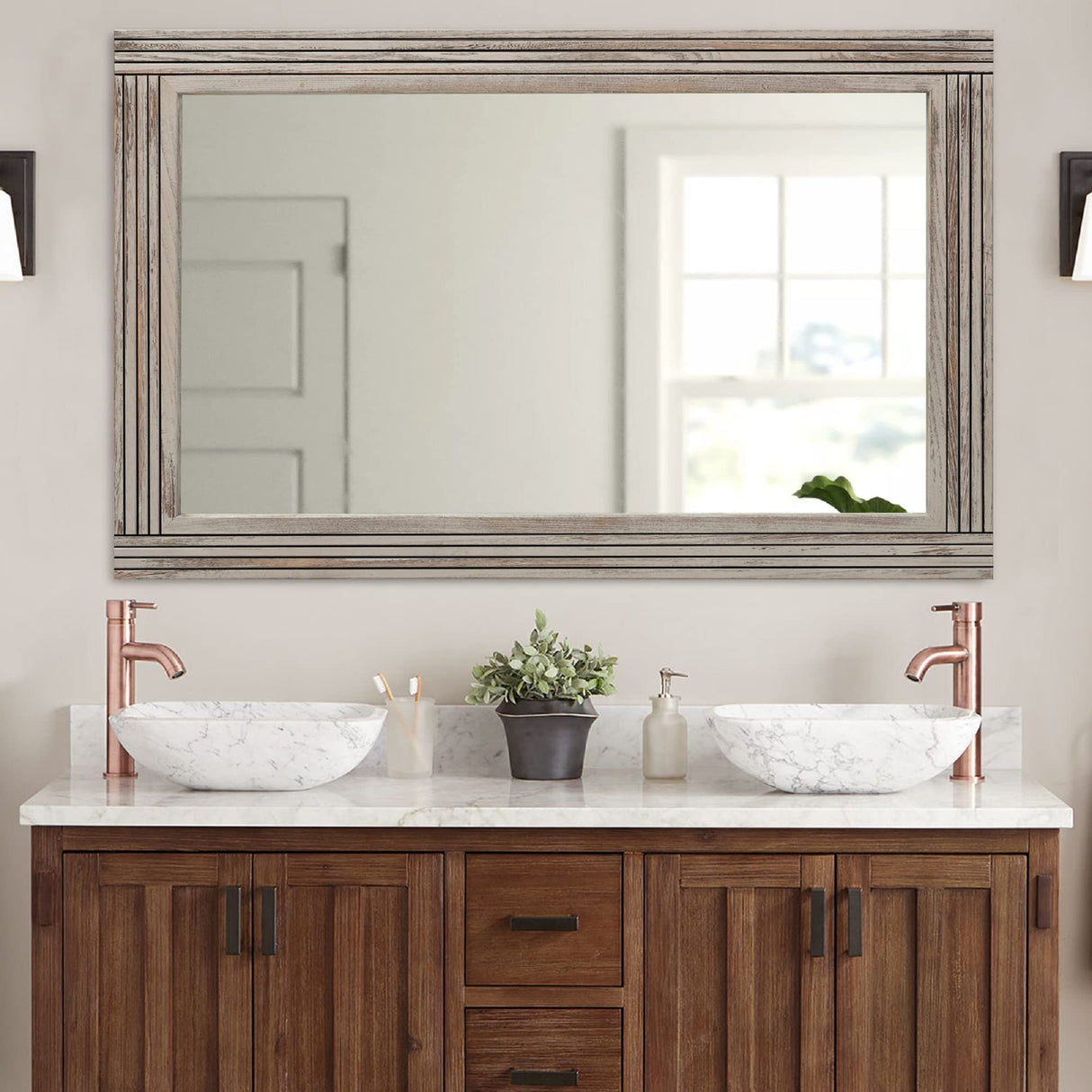 YOSHOOT Hand-Made Wooden Spliced Wall Mirror for Bathroom, Rustic Farmhouse Vanity Mirror, Décor Wall Art, Solid Wood Frame, Vertical or Horizontal Hanging YOSHOOT