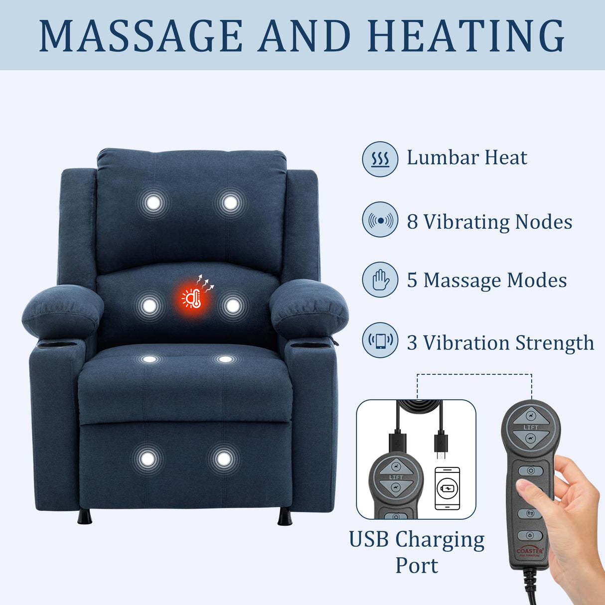 Power Recliner Chair Nursery Reclining Sofa Chair for Adults, Upholstered Heating Point Massage Theater Seating Single Sofa with Side Pockets Sidetable for Living Room-Blue Alunaune