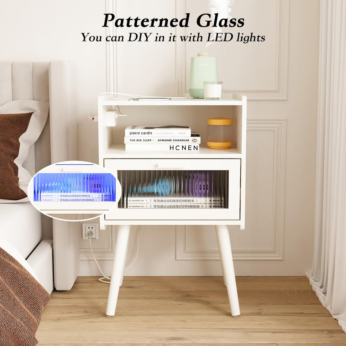 Mid Century Modern Nightstand with Charging Station, Bedside Tables with Glass Drawer, End Table Side Table with 2 Tiers Storage Space, for Bedroom, Living Room, White SOOWERY