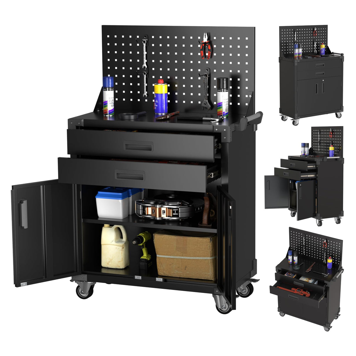 SUXXAN Black Tool Cart with Pegboard and 4 Hooks,Garage Storage Cabinet on Wheels with 2 Drawer,Industrial Service Utility Tool Cart for Mechanics, Garage, Workshop SUXXAN
