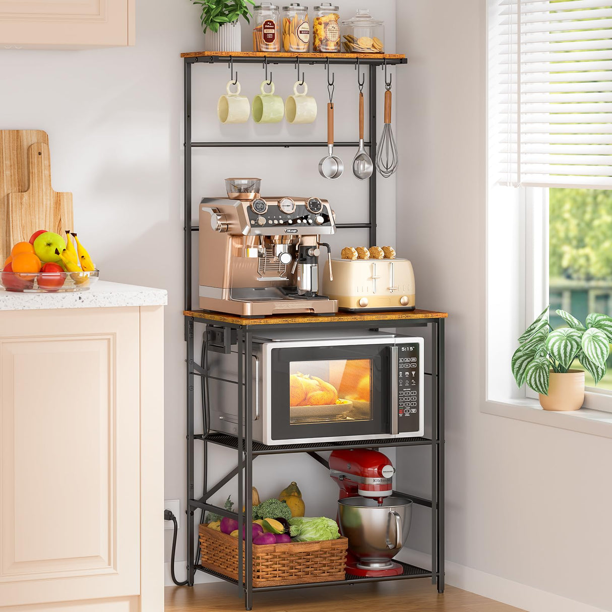 DAOUTIME Kitchen Bakers Rack with Power Outlet, 4-Tier Coffee Bar Station with 6 S Hooks, Microwave Stand for Kitchen, Living Room, Farmhouse, 23.62" W x 15.74" D x 57.13" H, Rustic Brown DAOUTIME