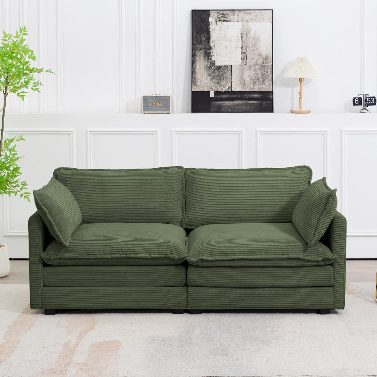 ROWHY Sectional 2 Seat Cloud Loveseat with 2 Throw Pillows, Modern Corduroy Love Seat Sleeper Bed, Convertible Cozy Sofa for Living Room and Office, Green ROWHY
