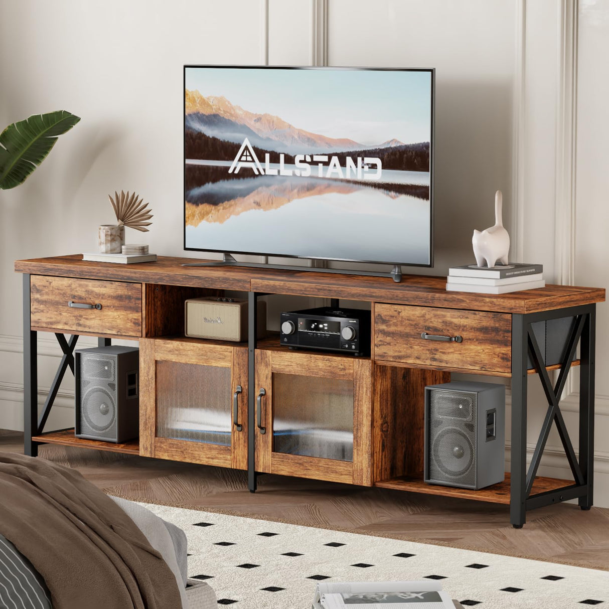 ALLSTAND 71 Inches Tall TV Stand for 75 80 Inch TV, Entertainment Center with Fabric Drawers & Cabinets, Industrial Gaming Console Table with Soundbar Shelf for Living Room, Bedroom, Rustic Brown ALLSTAND