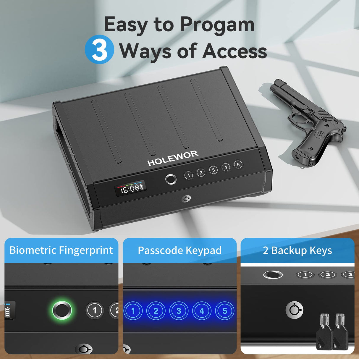 HOLEWOR Gun Safe, Biometric Gun Safes for Pistols with LCD Display of Time Battery, Fingerprint Quick Access Handgun Safe Pistol Safe for Bedside, Nightstand, Car, 2 Gun Capacity Black HOLEWOR