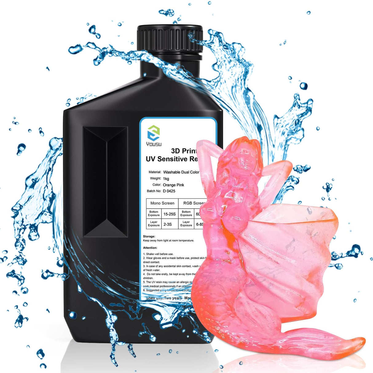 Yousu 3D Printer Resin UTH Nebula, Water Washable Resin Dual Color 3D Printer UV-Resin Rapid LCD UV-Curing Resin 405nm Photopolymer Resin for LCD 3D Printer 1000g, Orange Pink Color Yousu