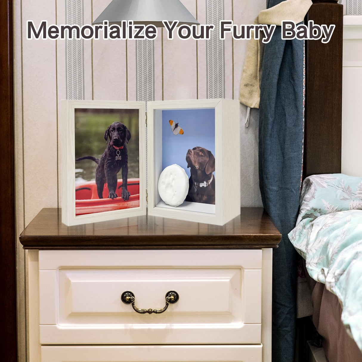 Favonuovy 5x7 Pet Memorial Picture Frame Shadow Box for Dogs and Cats Frame Keepsake for 3 Photos Pet Paw Print Display Shadow Box with Double Hinges and Glass Front Memorial Gifts for Dog Lovers Favonuovy