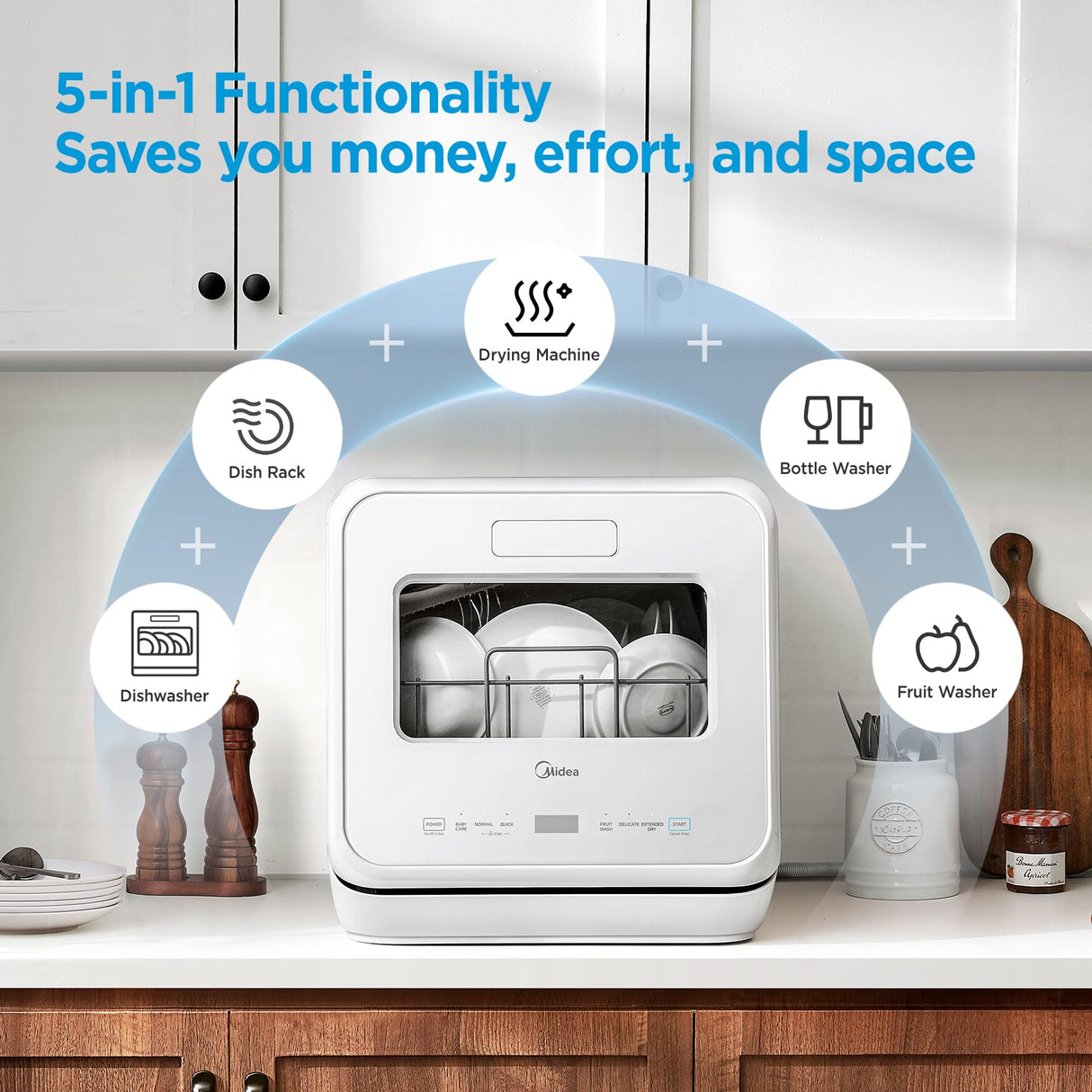 Midea MDC17P4CWW Portable Countertop Mini 5L Built-in Water Tank, No Hookup Needed, 360° Dual Spray,High-Temp steam wash, Dishwasher for Apartments& RVs, White Midea