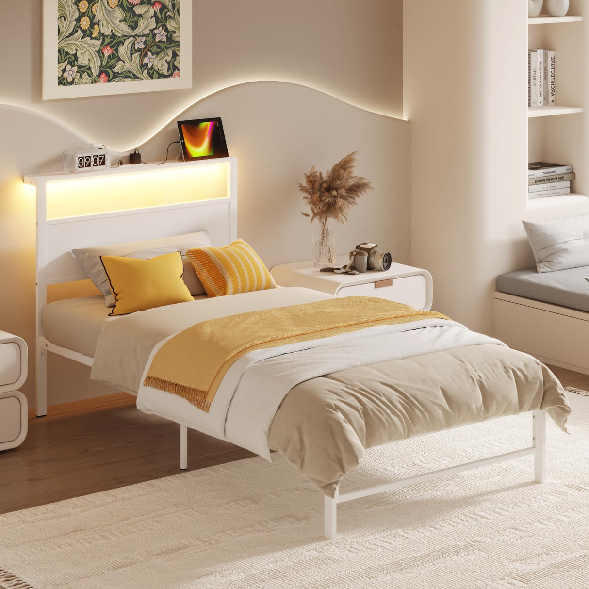 Weehom Twin Bed Frames with Headboard Shelf Storage, Wood Twin Bed Frame with Charging Station and LED Lights, No Box Spring Needed Twin Size Metal Bed Frame for Kids Students, White Weehom
