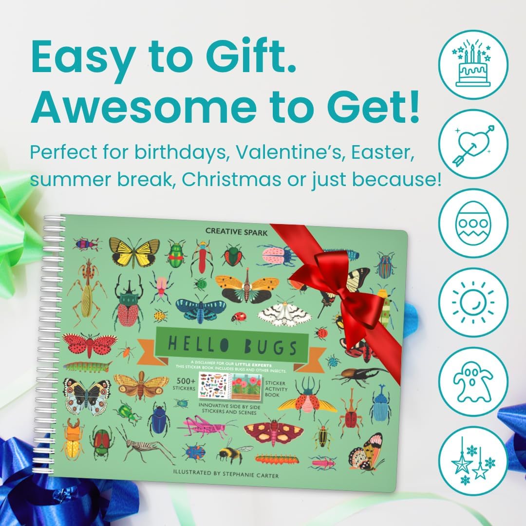 Cupkin Hello Bugs Sticker Book Activity for Kids, Toddler Airplane Travel Essentials, 500+ Bugs Stickers for Kids + 12 Scenes + 12 Coloring Book Pages, Bug Lover Gift, Children's Crafts Ages 2-8 CUPKIN