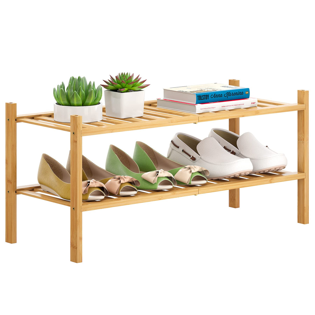 FILWH Bamboo Shoe Rack Stackable Shoe Shelf Storage Organizer for Unit Entryway Hallway and Closet Sturdy Freestanding Shoe Shelf(2 Tier Natural) FILWH