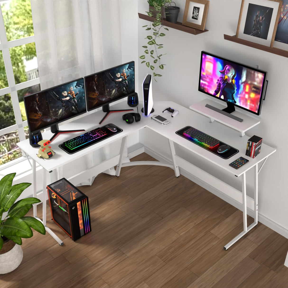 PayLessHere L Shaped Desk Corner Gaming Desk Computer Desk with Large Desktop Studying and Working and Gaming for Home and Work Place,White PayLessHere