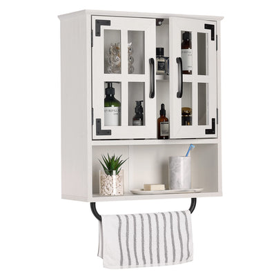 RUSTOWN Wood Wall Storage Cabinet with Cross Glass Doors, Farmhouse Wall Mounted, 3 Tier Rustic Cabinet with Adjustable Shelves and Towel Bar for Bathroom, Living Room, Vintage White