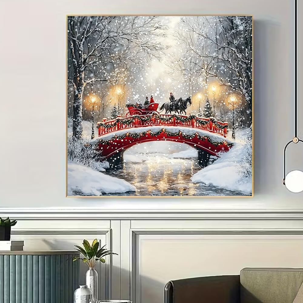 BOHADIY Diamond Art Kits for Adults, Christmas Winter Bridge Diamond Painting Kits for Beginner Round 5D Full Drill Snowy Forest Diamond Dots Crafts for Home Wall Decor Gifts 12x12 Inch BOHADIY