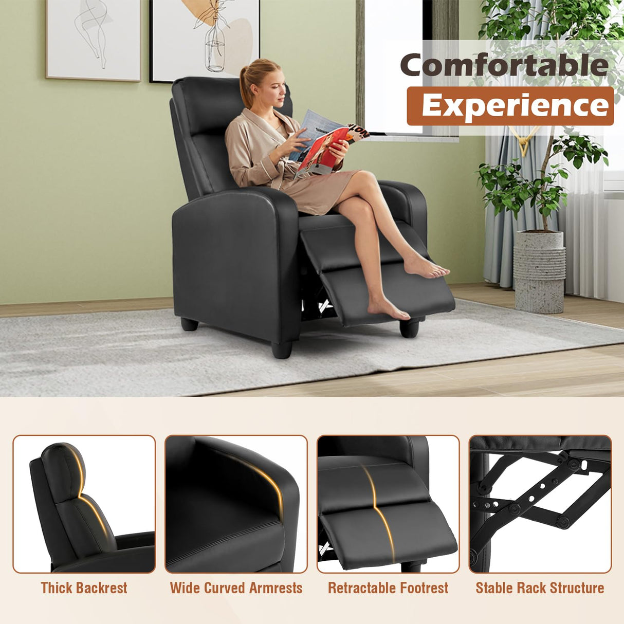 BestMassage | Recliner Chair | No Massage Function | Leather Black | with Lumbar Support, Adjustable Push Back, Wide Armrests, Footrest & Padded Seat | Easy Assembly | for Living Room, Home Theatre BestMassage