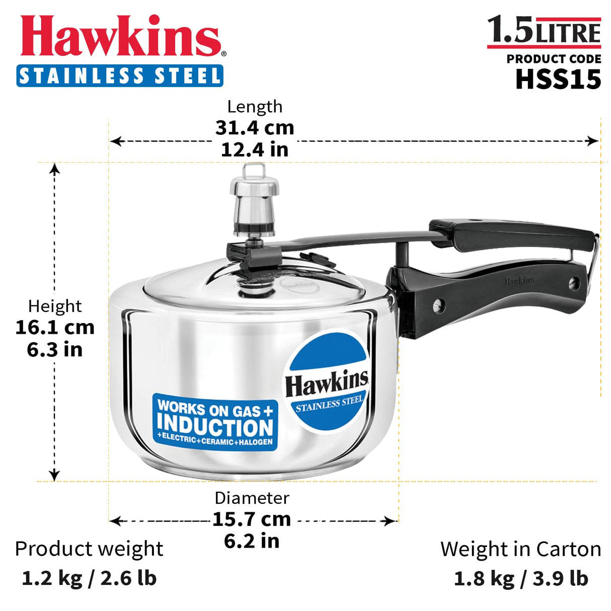 Hawkins 1.5 Litre Pressure Cooker, Stainless Steel Inner Lid Cooker, Induction Cooker, Small Cooker, Silver (HSS15) HAWKINS