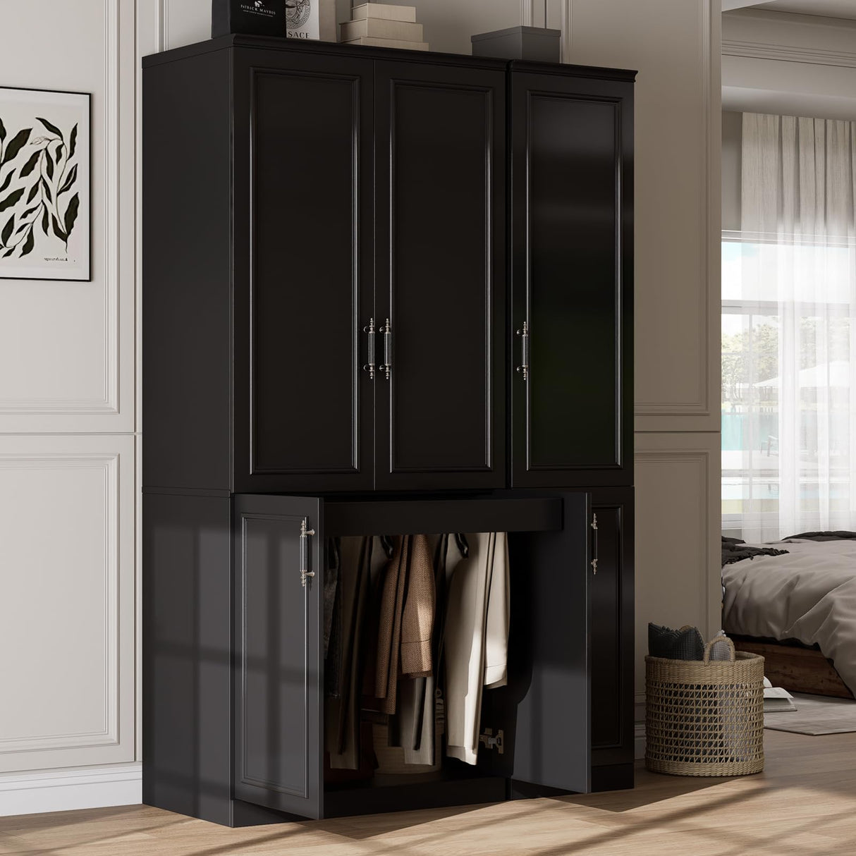 MEISSALIVVE Armoire Wardrobe Closet with 6 Door, 74.8" Large Wardrobe Cabinet with Hanging Rod, Freestanding Modern Bedroom Armoire Storage Cabinet, Black MEISSALIVVE