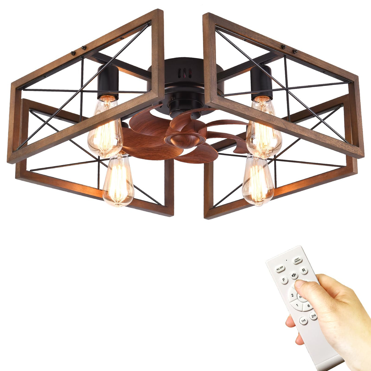 Capslpad 20''Farmhouse Flush Mount Ceiling Fan with Light and Remote Control,Industry Wood Low Profile Fan Rustic Industrial Caged Indoor Ceiling Fan for Bedroom Living Room Kitchen (4-Light) Capslpad