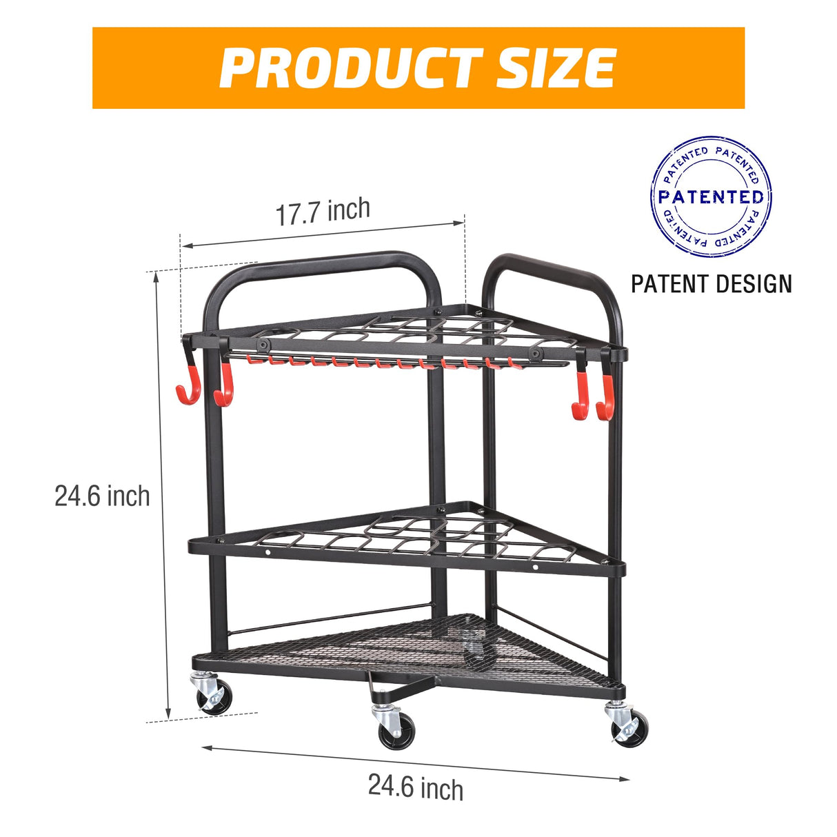 PLKOW Garden Tool Organizer with Wheels and Storage Hooks, Rolling Corner Tool Storage Rack for Garden, Shed, Garage, Powder Coated Steel, Black PLKOW