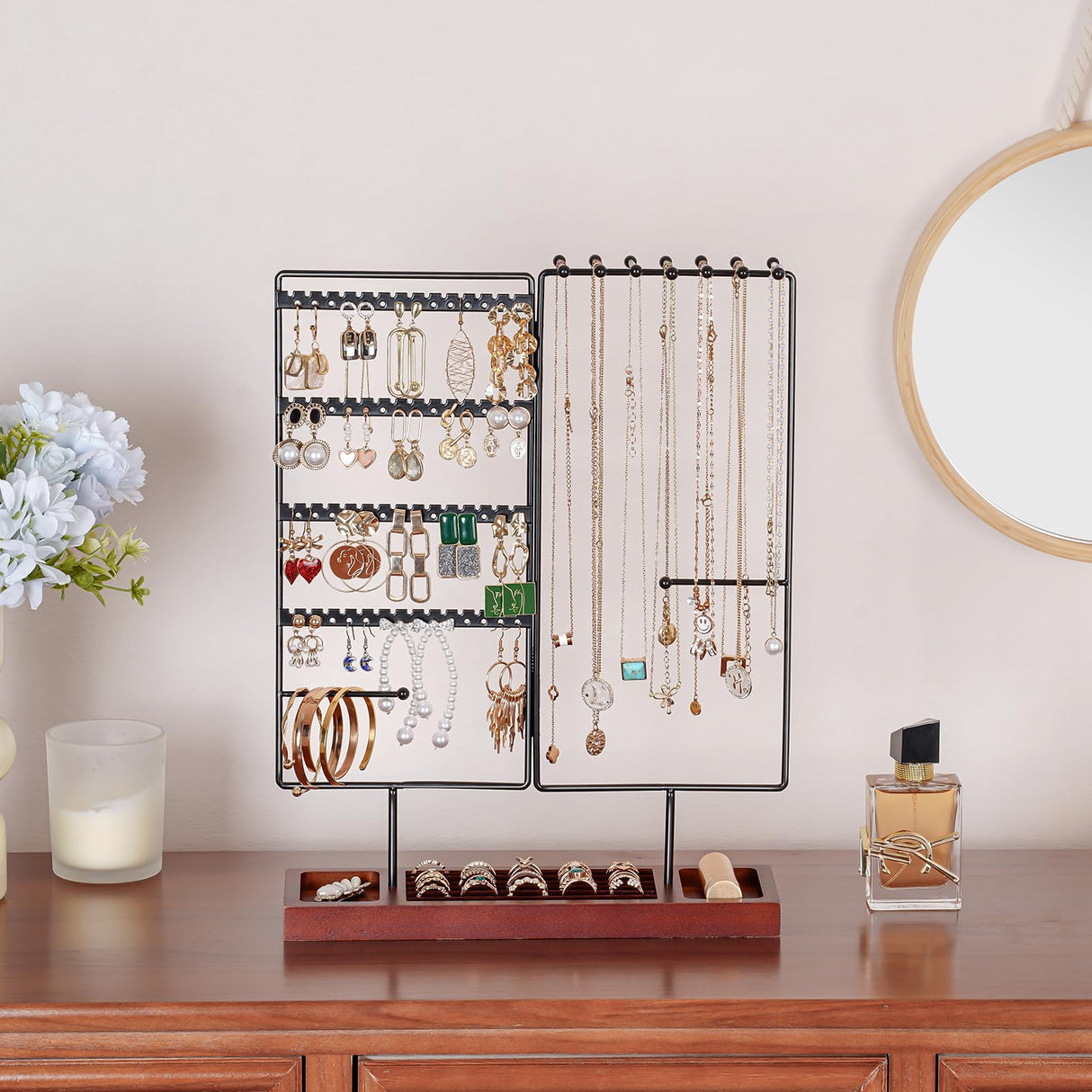 ProCase Jewelry Organizer Stand Earring Holder Organizer, 6 Tiers Earring Organizer Tree Necklace Rack Jewellery Tower Bracelets Holder Storage with Removable Wooden Ring Tray for Women Girls -Black ProCase